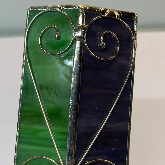 Slag Stained Glass Kaleidoscope Purple Green Art Glass Silver Swirl Accents - Picture 4 of 10